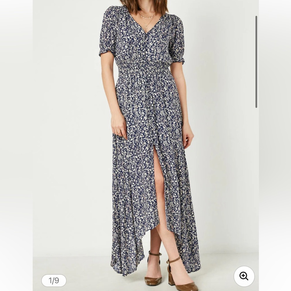 Hayden LA Retro-Eco Ditsy Smocked Maxi: Fluid High-Low Ethereal Garden Bloom S